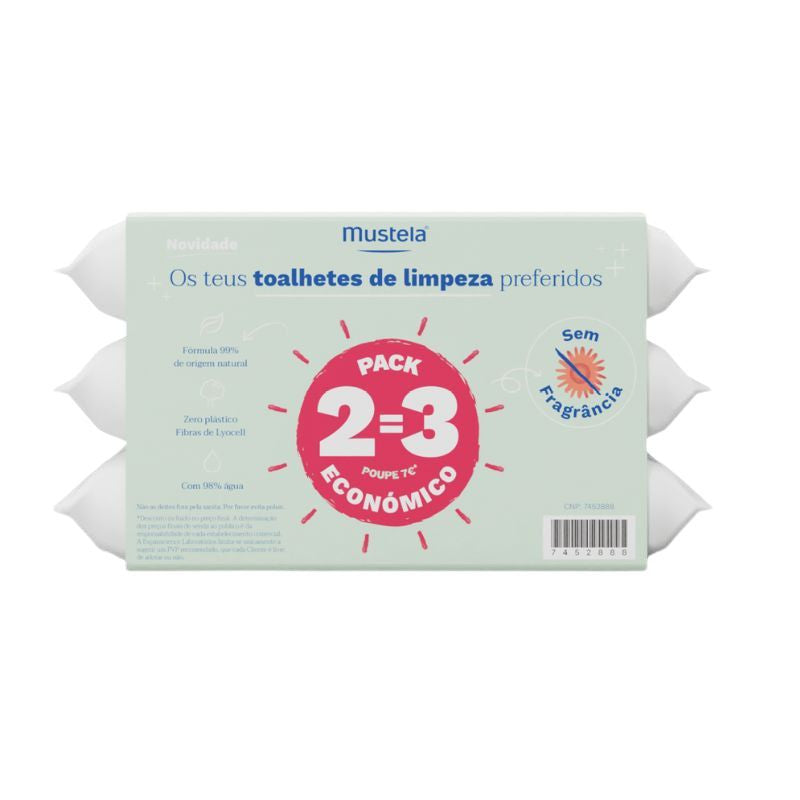 Mustela Bebé Toalhetes de Limpeza Sem Perfume Pack 3 x 60 unidades