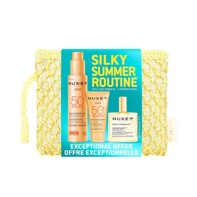 Nuxe Silky Summer Routine 2026 | Kit Solar SPF50+ + Huile Prodigieuse Rosto Corpo